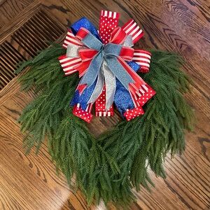 Festive Patriotic Green Wreath with Red, Blue & Silver Bow